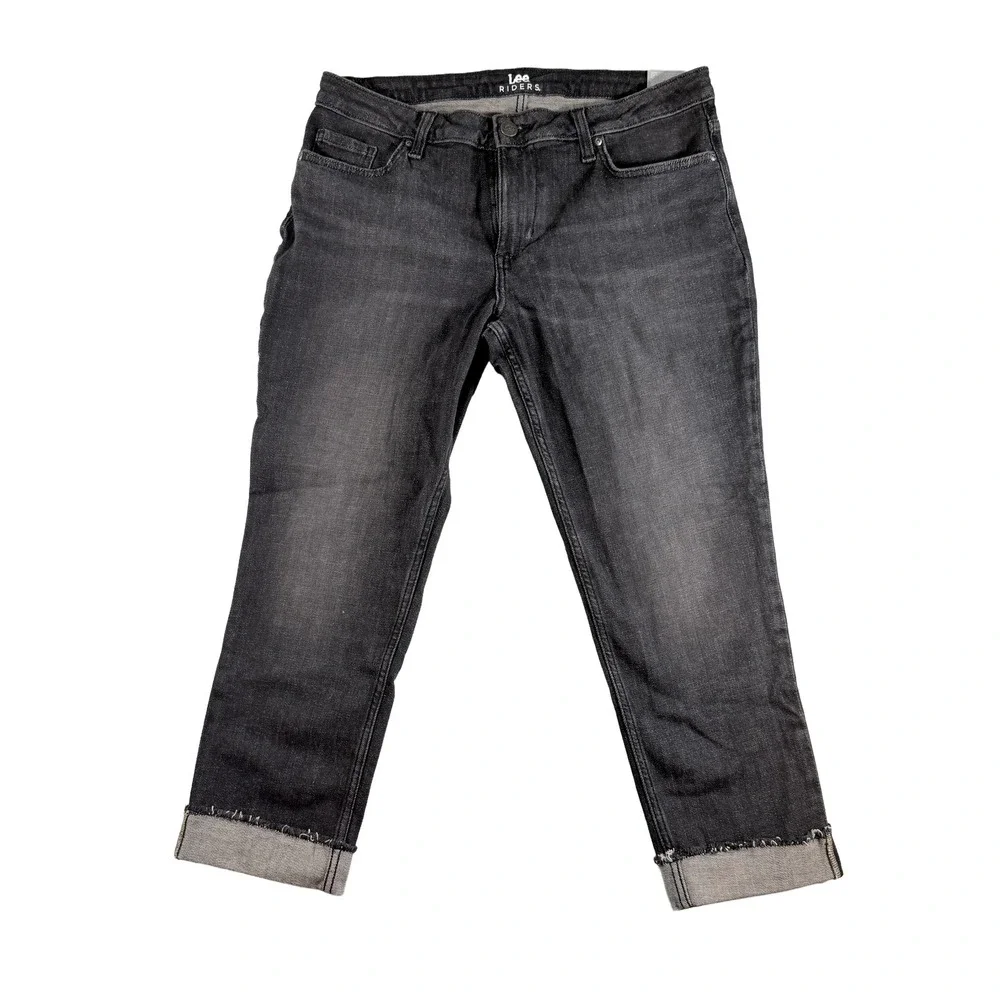 Riders by Lee Indigo Women's Fray Hem Cuffed Boyfriend Jeans Black Wash Size 14